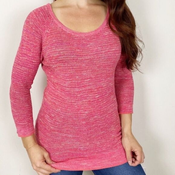 Loft Women's Pink Marled Roundneck Lightweight Elbow-length Pullover Sweater - Picture 1 of 11